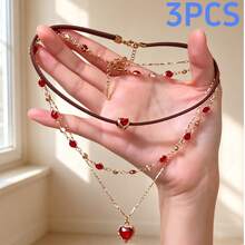 1pc Multi-Layer Elegant Red Necklace Sweet Cool Chain Choker Suitable For Girls Daily Wear Or Party - Red - View 4