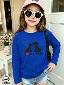 Girls' Cute Printed Patch Sleeve Crew Neck Long Sleeve Casual Sports T-Shirt - Blue - View 5