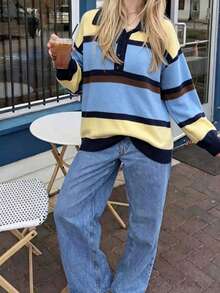 Sweater Pullover Rajut Wanita Kerah Polo Kancing Colorblock Musim Gugur/Dingin, Atasan Lengan Panjang Longgar Gaya Kasual Santai Preppy - Biru - View 7