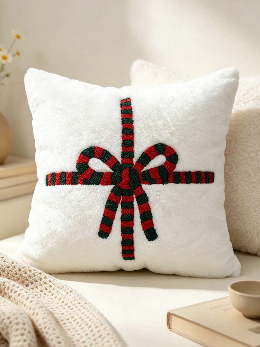 1pc White Christmas Bow-Embroidered Throw Pillow Cover – Soft Autumn/Winter Sofa Cushion Cover, Festive Holiday Decor, Machine Washable, Invisible Zipper, 17.7 X 17.7 Inches (45 X 45 Cm), Pillow Insert Not Included - White - View 1