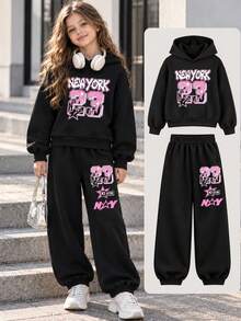 Girls 2pcs Set Warm Thick Thermal Lining Hooded Sweatshirt And Joggers, Student Children Clothing, Suitable For Children Autumn/Winter Long Sleeve Outfit - Black - View 2