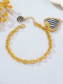 1pc Fashion Zebra Print Heart Pendant Bracelet, Gold Thick Chain With Adjustable Extension Chain, Unique Niche Jewelry Accessory - Black and White - View 4