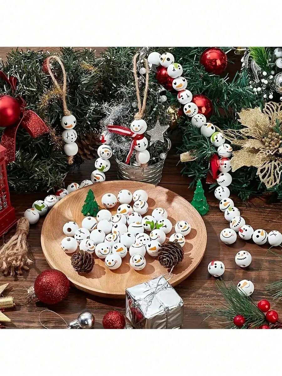 1/3 Set Christmas Snowman Wooden Beads, Random Snowman Head Shapes, With Jute Rope, Suitable For DIY Crafts, Christmas Party Decoration, Christmas Tree Decoration, Home Decor, Party Favors - Multicolor - View 1