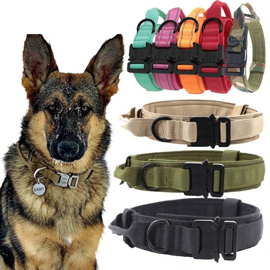Practical Large Dog Collar With Control Handle, Adjustable Fit, Heavy-Duty Quick-Release Metal Buckle, 1000D Nylon Fabric, Padded Webbing, D-Ring, Suitable For Training And Hiking