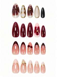 48pcs Random Medium Almond-Shaped French Nail Stickers, Floral, Cherry ...