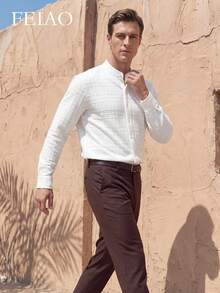 FEIAO Men's Vintage "Old Money" Textured Short Stand Collar Button Long Sleeve Shirt, Versatile Casual Style Suitable For All Seasons - White - View 4