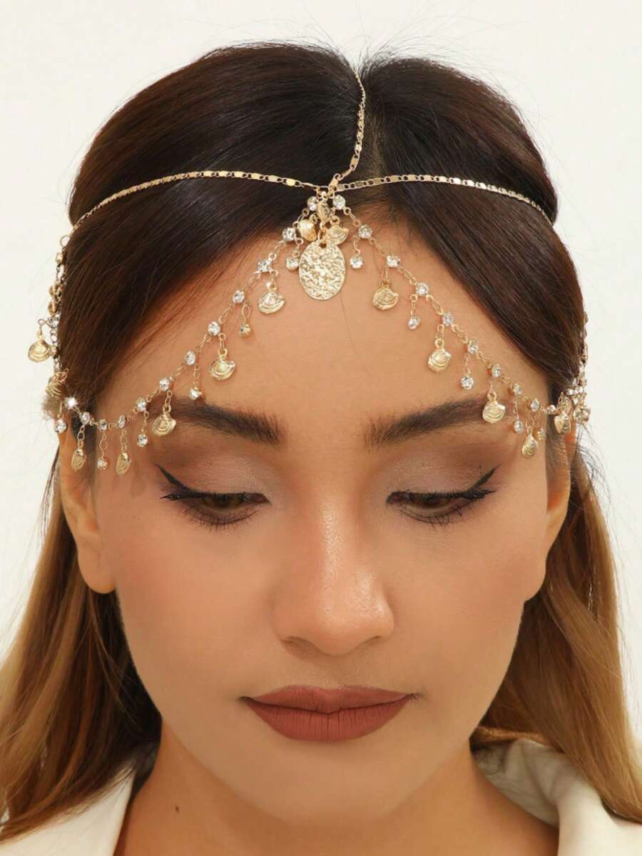 قطعة واحدة سلسلة رأس نسائية لحفلات الشاطئ والمهرجانات الموسيقية بأسلوب بوهيمي مزينة بأحجار الراين وعملات ذهبية وشرابات - الذهبي - مشاهدة 1