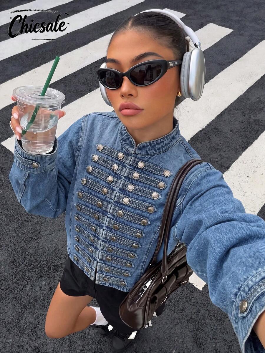 Women's Casual Vintage Mid-Blue Washed Multi-Pocket Button-Up Denim Jacket - Medium Wash - View 1