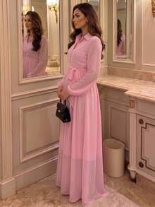 Bump Style Pink Maternity Long Sleeve Button-Up Collared Shirt Dress, Non-Stretch, Suitable For Baby Baptism, Dress - Pink - View 4
