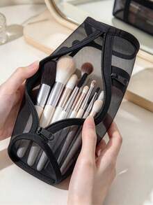 2/1pc New Mesh Dual-Purpose Makeup Brush Storage Bag, Portable Zipper Pencil Case, Suitable For Travel And Daily Use, Multi-Functional Makeup Bag, Desktop Storage Essential - Multicolor - View 2