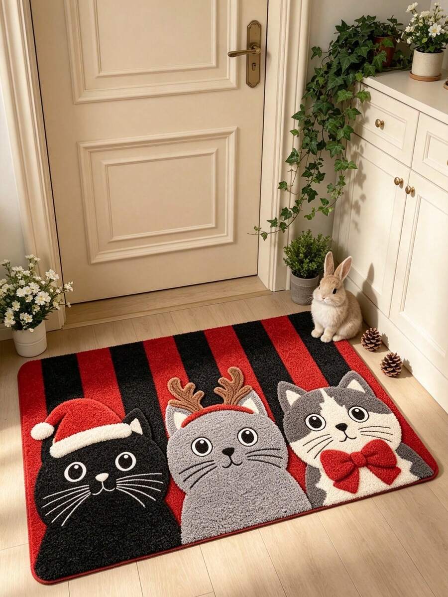 1pc Christmas Red & Black Striped 3 Cats Plush Rug, Christmas Gift Decor Rug, Bedroom Decor, Small Rug, Rug, Home Decor, Living Room Rug, Living Room Small Rug, Bedroom Rug, Living Room Home Decor, Outdoor Rug, Washable Rug - Multicolor - View 1