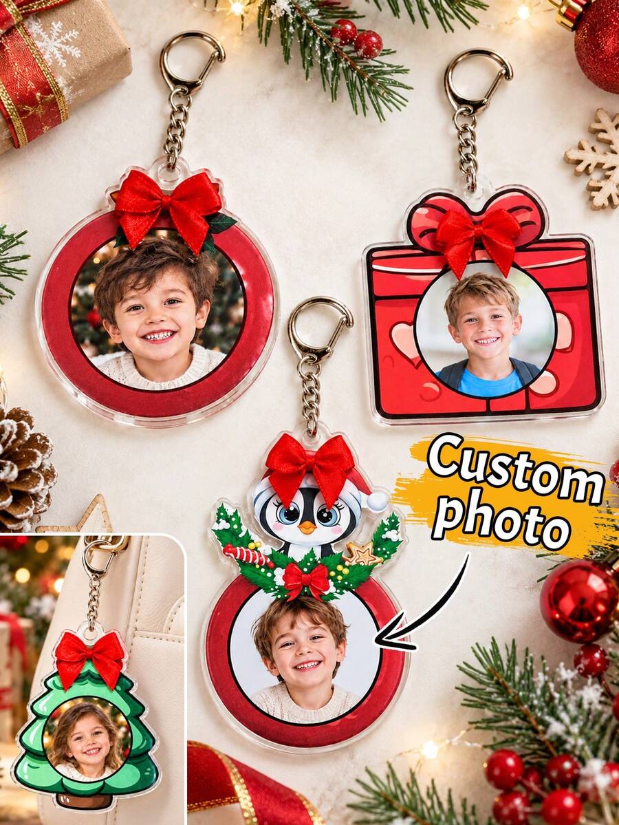 Custom Keychain With Photo, Personalized Christmas Key Chain, Festive Bow Holiday Keychains, Customized Picture Bag Charm, Customizable Xmas Gift - Multicolor - View 1
