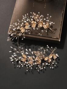 1pc Women's Wedding Leaf Alloy Pearl Rhinestone Soft Chain Headband Hair Accessory - Gold - View 6