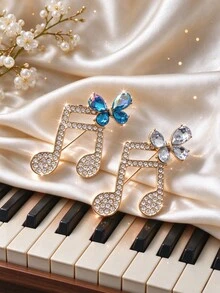 Sparkly Crystal Butterfly Music Note Brooch Pin, Musical Theme Suit Accessory Gift For Musicians - Note - View 1