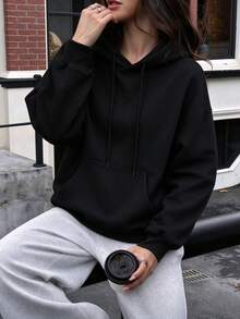 Solid Color Blank Loose Fit Sweatshirt, Minimalist All-Match Drawstring Kangaroo Pocket Pullover Sweatshirt, Street Casual Long Sleeve Top, Versatile Layering Everyday All-Match - Black - View 2