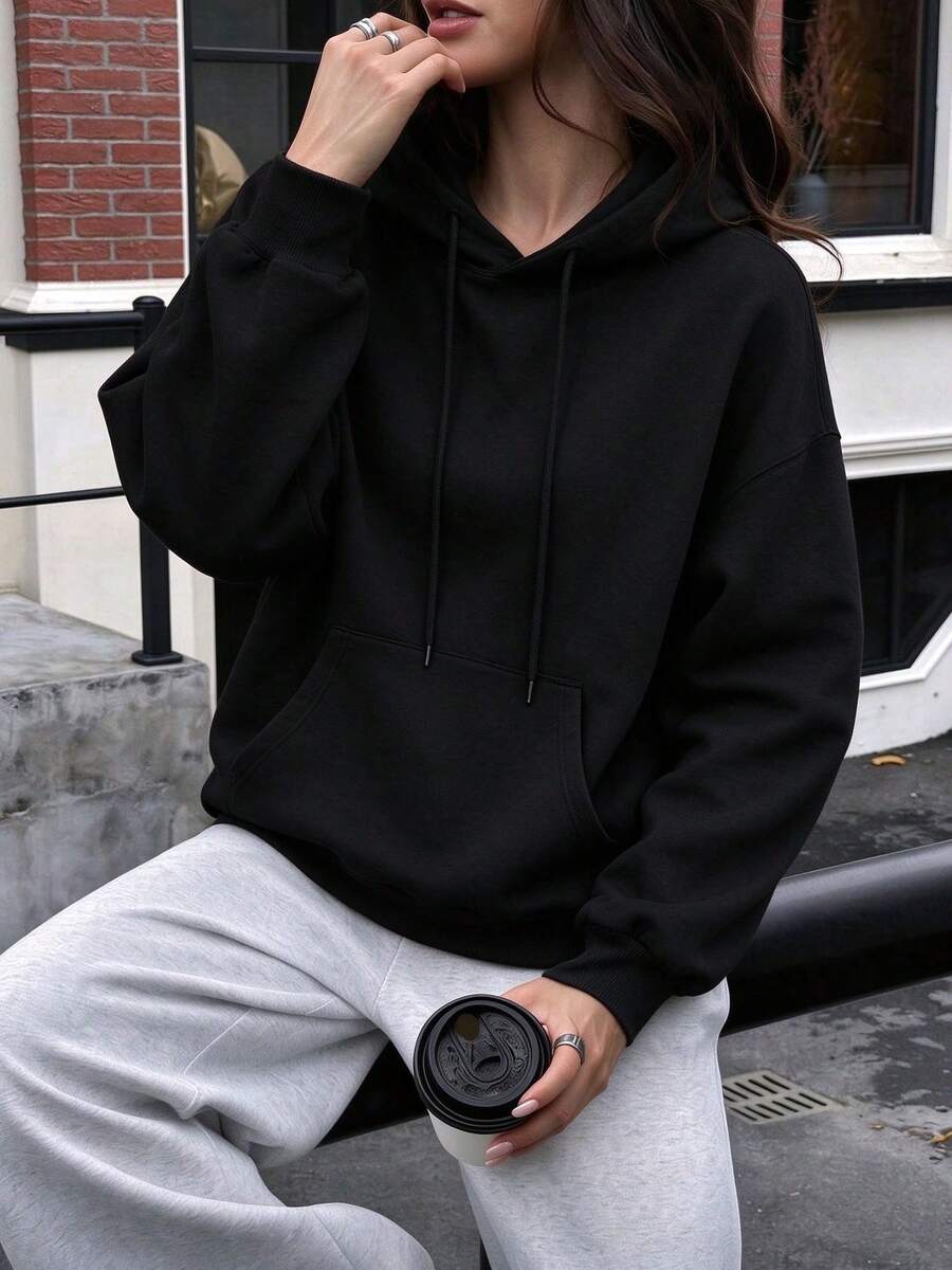 Solid Color Blank Loose Fit Sweatshirt, Minimalist All-Match Drawstring Kangaroo Pocket Pullover Sweatshirt, Street Casual Long Sleeve Top, Versatile Layering Everyday All-Match