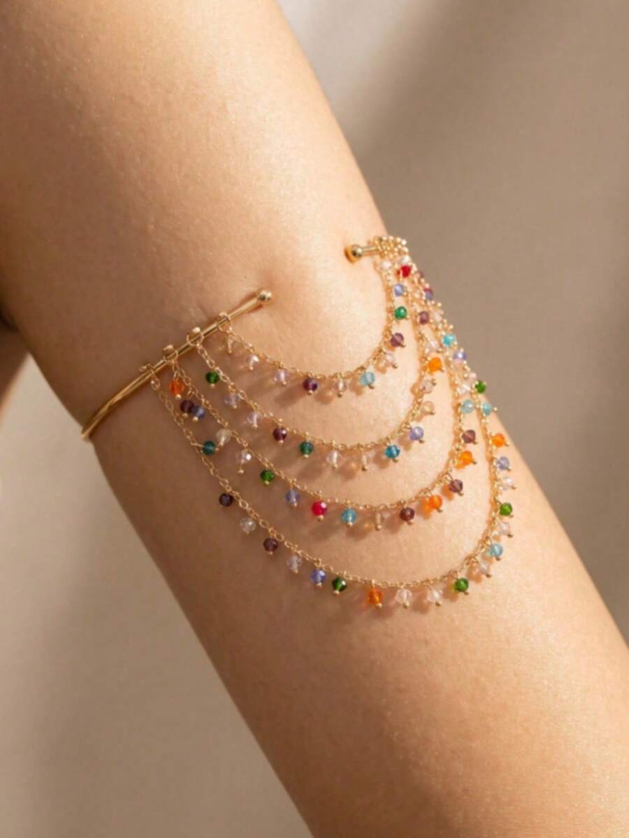 Tassel Chain Arm Bracelet With Colorful Beads, Open Adjustable Joint Arm Chain - Multicolor - View 1