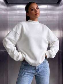 Women's Loose Fit Plus Size Long Solid Color Small Stand Collar Sweatshirt, Suitable For Winter And Spring, Wardrobe Essential, Daily Wear, Office Casual - White - View 2