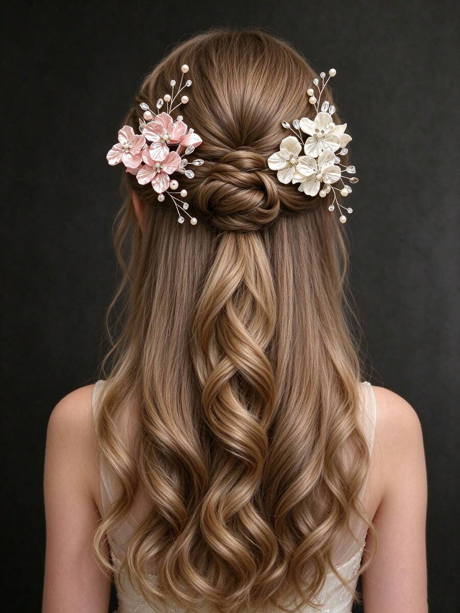 1pc Christmas White Shell Flower Hair Clip Handmade Pearl Hair Fork Bridal Wedding Updo Hair Accessory Side Clip - Multicolor - View 1