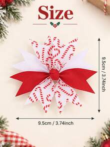 2pcs Christmas Candy Cane Bow Hair Clips, For Girls, Cute Red & White Multi-Layer Satin Hair Clips, Candy Cane Print, Party Accessories - Multicolor - View 6