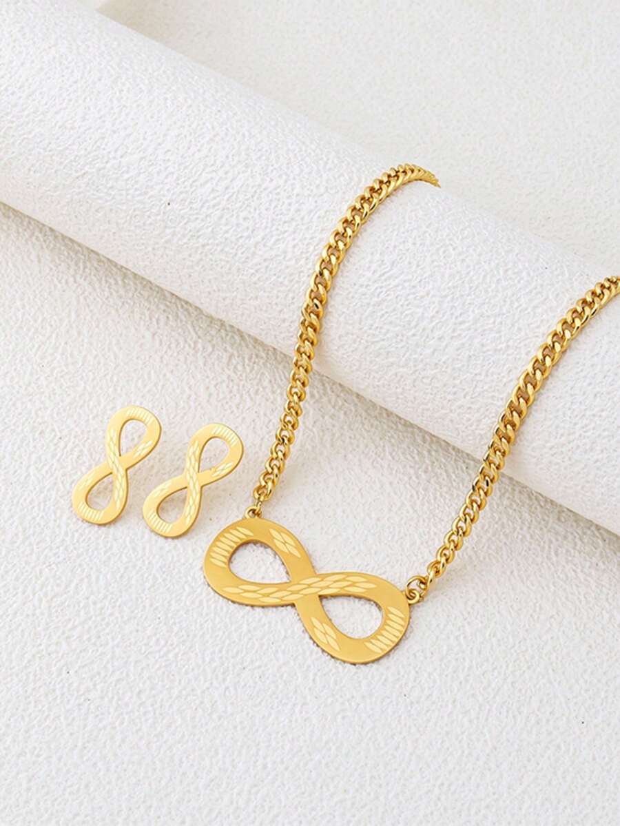 Letingsha Women's Gold Plated 2pcs Stainless Steel Jewelry Set, Infinity Cut Texture Pendant Necklace & Stud Earrings, Anti-Oxidation Design, Suitable For Casual, Holiday And Daily Wear - Yellow Gold - View 1