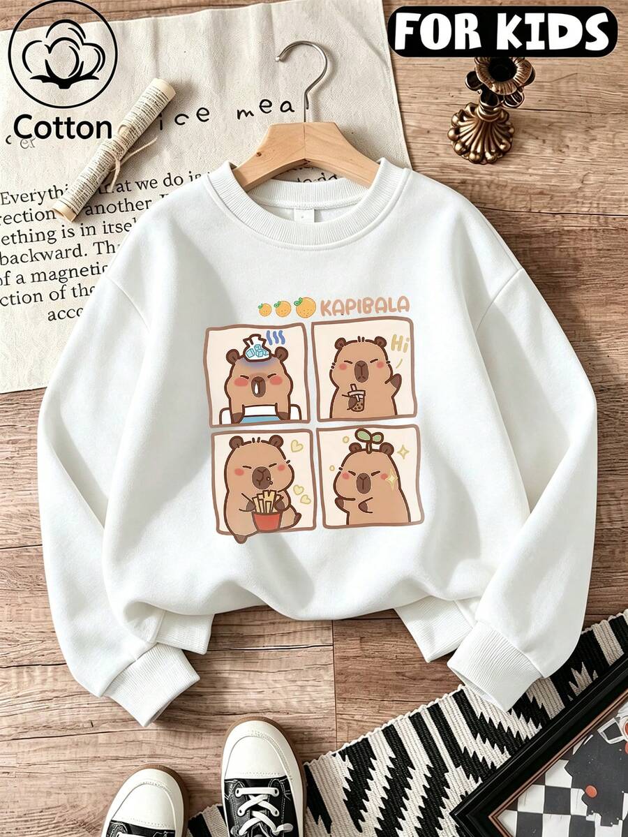 Kids Crew Neck Sweatshirt, Kapibala Cartoon Capybara Four Grid Panel Graphic Print Soft Cotton Pullover For Kids - White - View 1