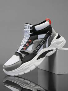 Men's Niche Layered Colorblock Mesh Patchwork High-Top Chunky Sneakers, Retro Versatile Front Lace-Up Street Style Thick Sole Casual Sports Sneakers - white ash - View 5