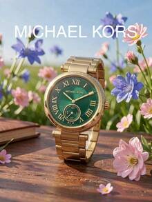 Michael Kors Women's Quartz Watch Gold Tone Bracelet Crystal Bezel Emerald Green Sunburst Roman Dial Small Second Subdial Daily Commute Weekend Getaway Accessory - Green - View 2