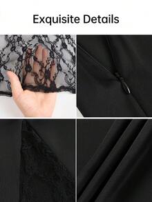 Ladies' Elegant Black Lace Patchwork Hem Long Skirt For Autumn And Winter, Versatile For Daily Wear, Suitable For Daily Commuting And Evening Dates. - Black - View 3