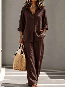 Plus Size Women's Collared Rolled Sleeve Button Front Shirt + Wide Leg Pants 2 Pieces Set, Autumn Casual Loose Fit Outfit - Coffee Brown - View 3