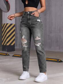 Comfortable Plus Size Slim Fit High Waist Cropped Mom Jeans, Distressed Decor, Pocket Design, Button & Zipper Fly, Suitable For Autumn Casual Wear And Halloween Outfit - Black - View 3