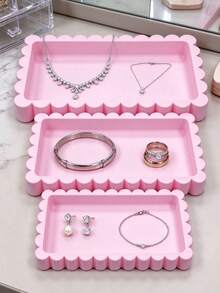 3pcs Pink Wavy Edge Jewelry Storage Tray Set, Nestable Stackable Design, Vanity Organizer, Can Hold Necklaces, Rings, Earrings, Watches, Bracelets, Hair Clips, Hair Accessories, Perfume, Cosmetics, Highly Attractive Ins Style, Desktop Decor, Jewelry Display Tray, Bedroom Vanity Small Item Organizer - Pink - View 10