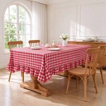 1pc Nordic Minimalist Red Plaid Ruffle Edge Pure Cotton Tablecloth, Suitable For Wedding, Valentine's Day And Daily Use - Red - View 4