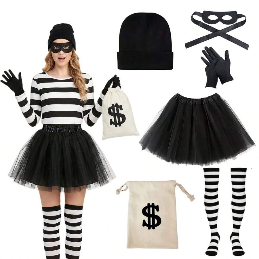 6pcs Women's Robber Costume Set, Includes Hat, Gloves, Eye Mask, Canvas Money Bag And Striped Socks, Suitable For Adult Halloween Cosplay, World Book Day, Costume Party