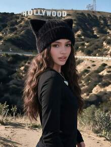 1pc Women Y2K Fluffy Faux Mink Knit Cat Ear Beanie, Cute Solid Color Warm Winter Skull Cap, Soft Stretchy Kitty Ear Pullover Hat - Twisted Plush Two-horned Hat - View 3