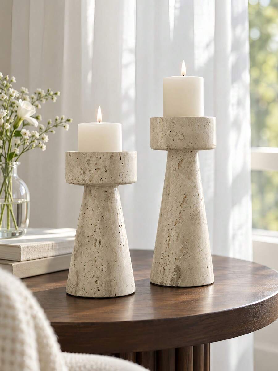 1pc Beige Travertine-Look Pillar Candle Holder Set, Tall And Short Modern Stone-Effect Candle Stands For Living Room, Dining Table And Wedding Centerpiece Decor - Yellow Hole Stone - View 1