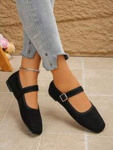 Plus Size Square Toe Women's Flat Loafers, Versatile Casual Outdoor Party Shoes - Black - View 3