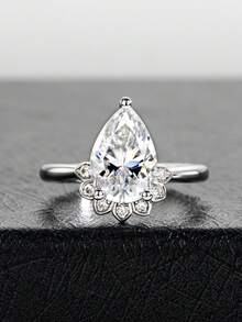 ANU JEWEL 4.0CT 8x12mm S925 Silver Teardrop Cut Moissanite Ring, Suitable As Wedding Gift - White - View 6