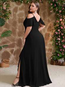 Plus Size Women's Open Shoulder Ruffle Slit Bridesmaid Dress, Elegant Wedding Guest Dress Party Black - Black - View 2