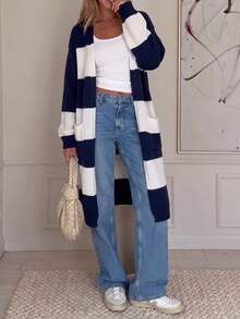 Live To Mo Women's Color Block Striped Hollow Out Long Knit Cardigan, Lantern Sleeve Long Sweater Jacket, Suitable For Autumn Back To School, Daily Casual Outings - Blue and White Stripes - View 4