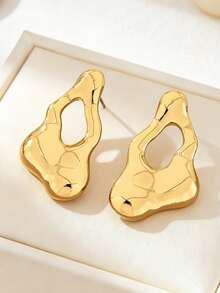 1 Pair European And American Geometric Hollow Teardrop Earrings Studs For Women - Yellow Gold - View 2