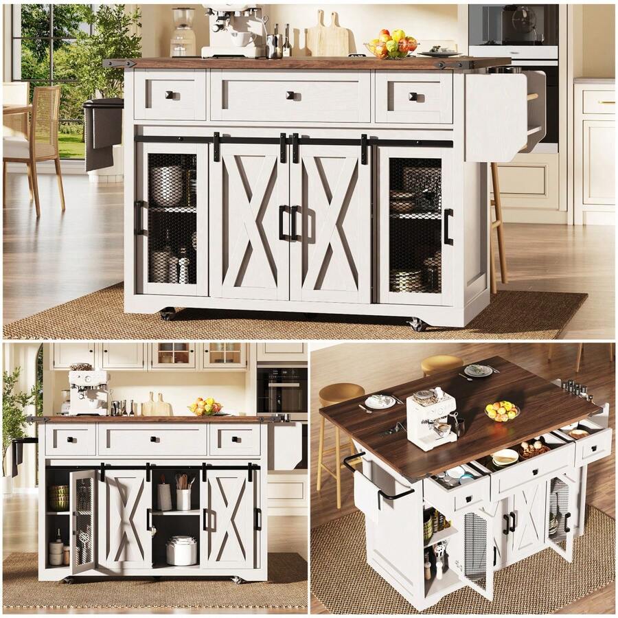 Kitchen Island Trolley With Extendable Worktop, 91cm Working Height, White/Black, Load Capacity Up To 75kg - White + MDF - View 1