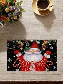 2/4/6Pcs Christmas Placemat, Black Background Santa Claus Candy Cane Print Linen Table Mat, Winter Holiday Table Decor For Dining Table, Farmhouse Xmas Party Kitchen Tabletop Decoration, Holiday Season Table Accessory - Black - View 6