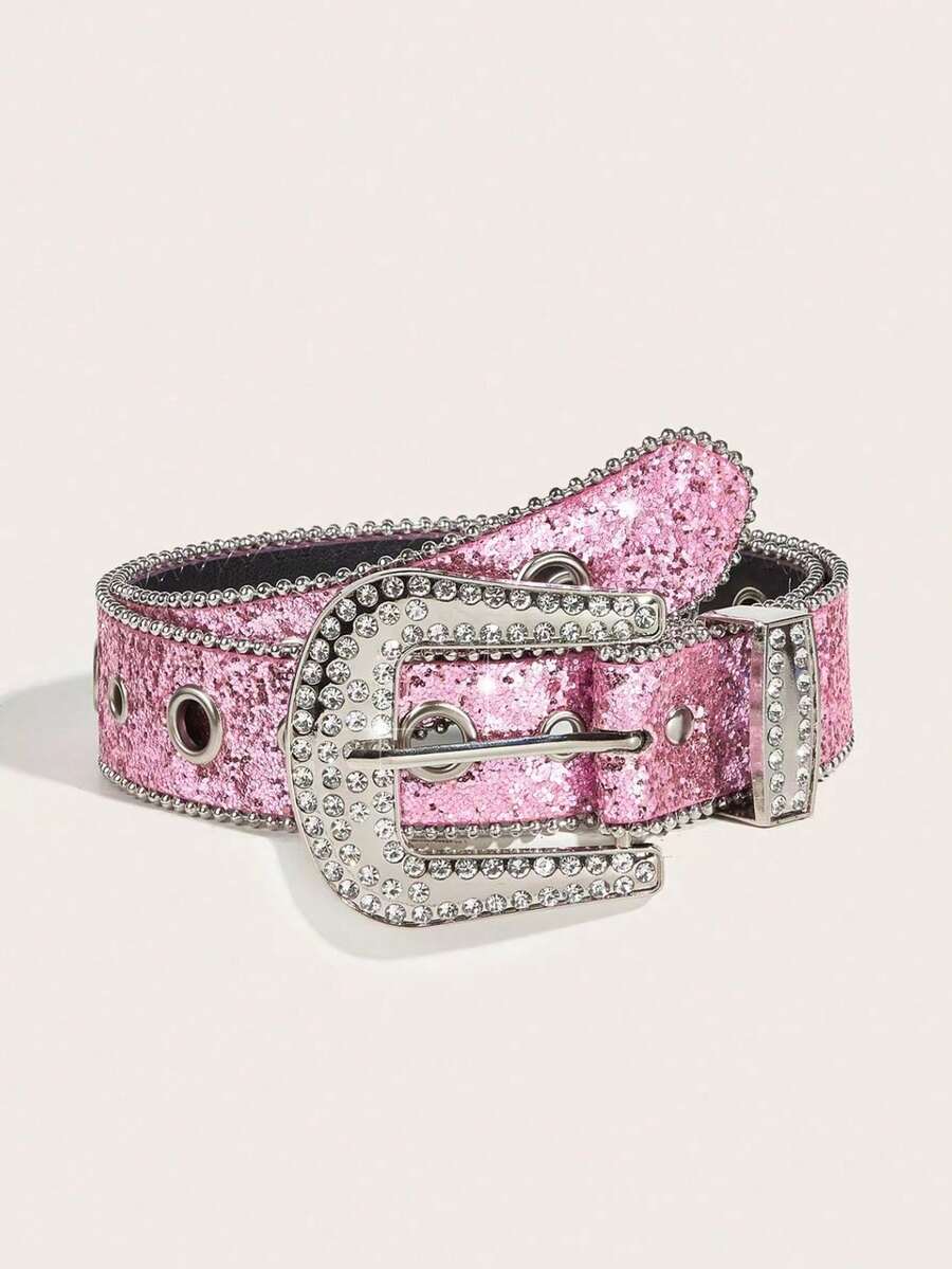 1pc Women's Rhinestone & Hollow Sequin Y2K Style Belt, Suitable For Halloween, Summer, School Autumn And Other Occasions - Pink - View 1