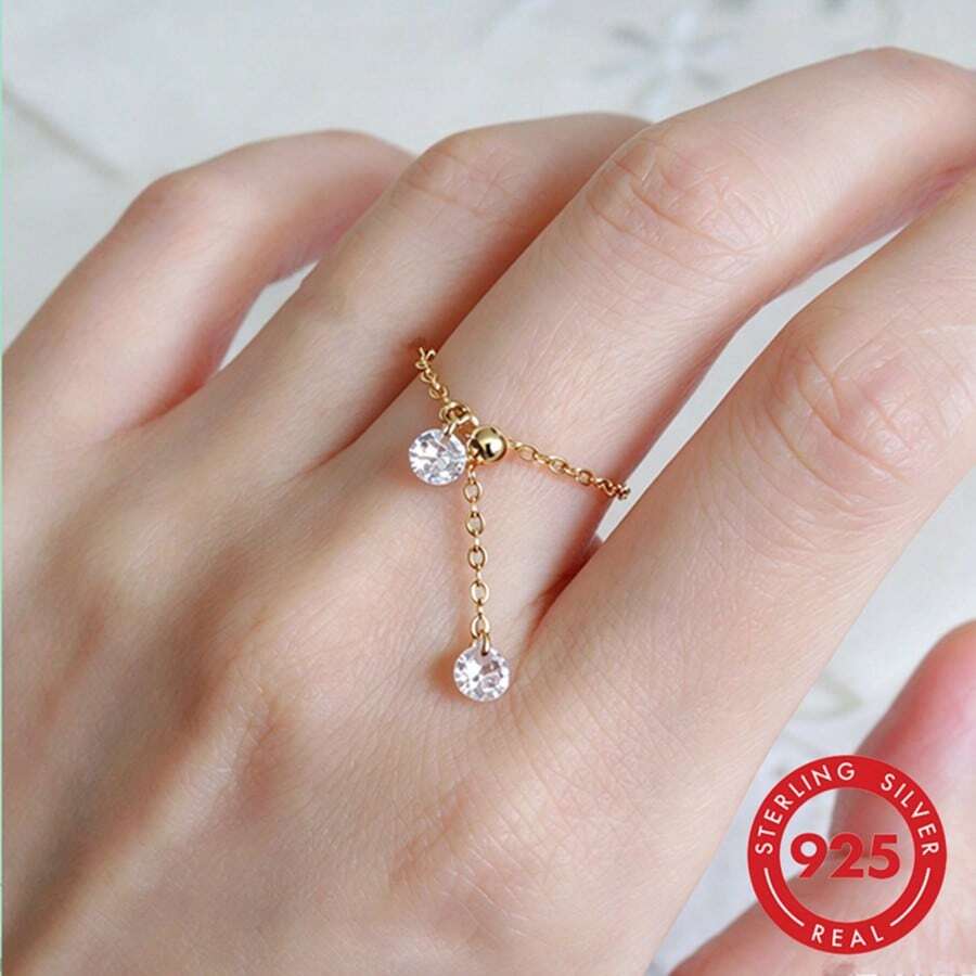 falinne S925 Sterling Silver Tassel Chain Ring, Slidable Adjustable Dainty Dangling Soft Band Finger Ring For Women Gift For Best Friend Birthday Anniversary - Double Zirconia Mini Tassel Chain Ring - View 1