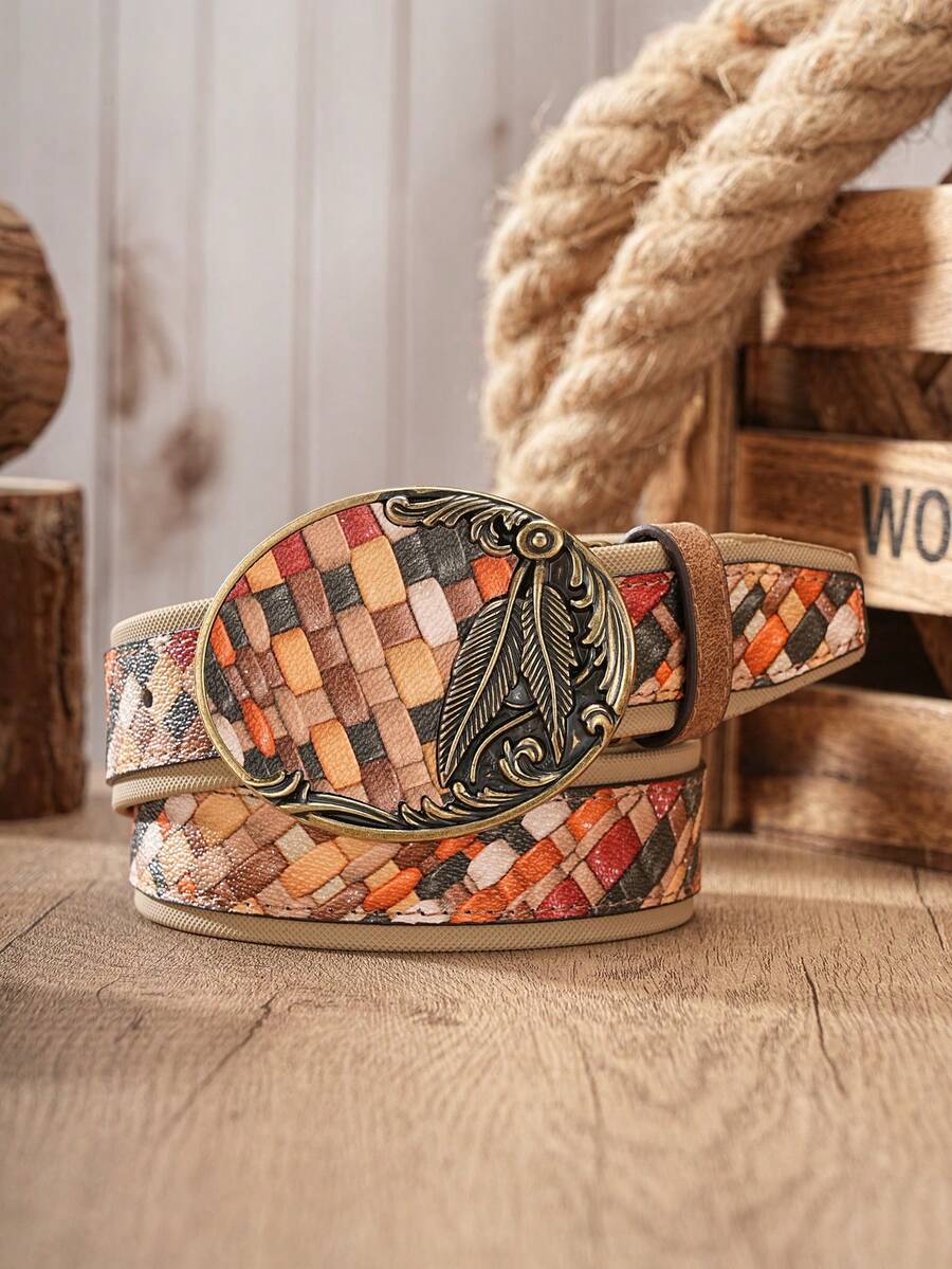 1pc American Western Style Colorful Patchwork Large Buckle Belt, Men's And Women's Unisex PU Leather Contrast Color Belt - BH1261 - View 1