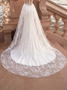 1pc Detachable Lace Train Bridal Overskirt, White Tulle Lace Wedding Cover Skirt, Suitable For Outdoor Weddings And Photography - White - View 6
