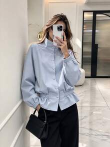 QIANZHIDU SUNSTORY Women's Autumn Light Blue Stand Collar Single-Breasted Elastic Waist Ruffle Hem Long Sleeve Blouse, Suitable For Commuting, Daily Outings, Shopping - Baby Blue - View 2