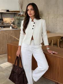 Women's Stand Collar Short Pinstripe Blazer - Casual Office Wear - White - View 3
