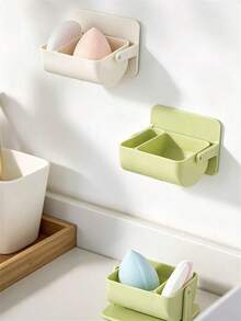 1/2 Pieces Wall-Mounted Makeup Sponge Storage Rack, No-Drill Double-Compartment  Holder, Hollow Ventilated Drying Organizer, Suitable For Powder Puffs, ABS Material Space-Saving Makeup Storage Rack - Multicolor - View 7
